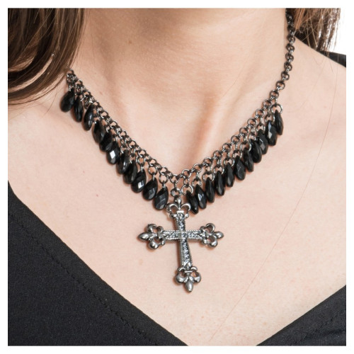 COLLIER CROIX ET PERLES NOIRES