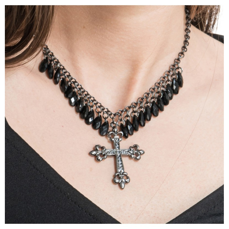 COLLIER CROIX ET PERLES NOIRES