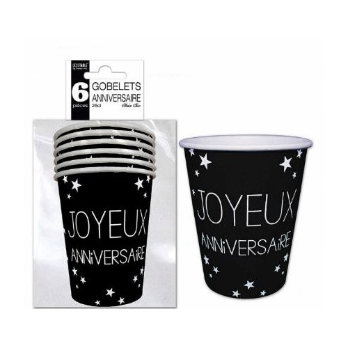 Gobelets Anniversaire Noir/blanc/or en carton x6