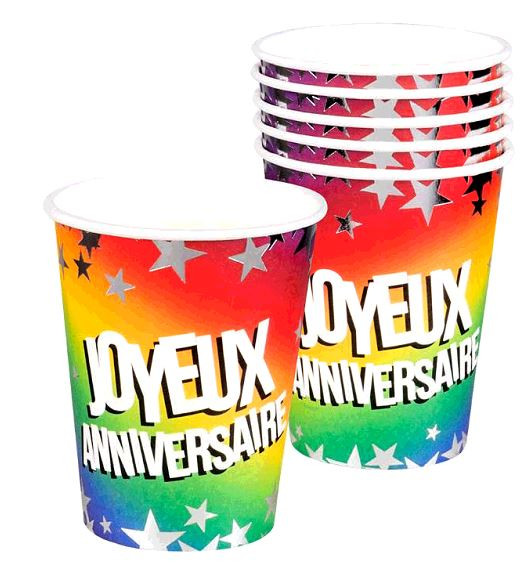 Gobelets Joyeux anniversaire - Etoiles - lot de 6 - Multicolores