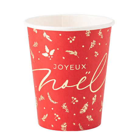 8 Gobelets Joyeux Noël Carton Rouge, Blanc et Or 255ml